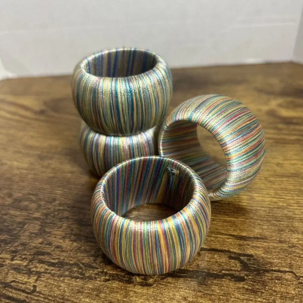 Vintage Boho Rainbow Napkin Rings Set of 4 Colorful Woven Striped Table Decor